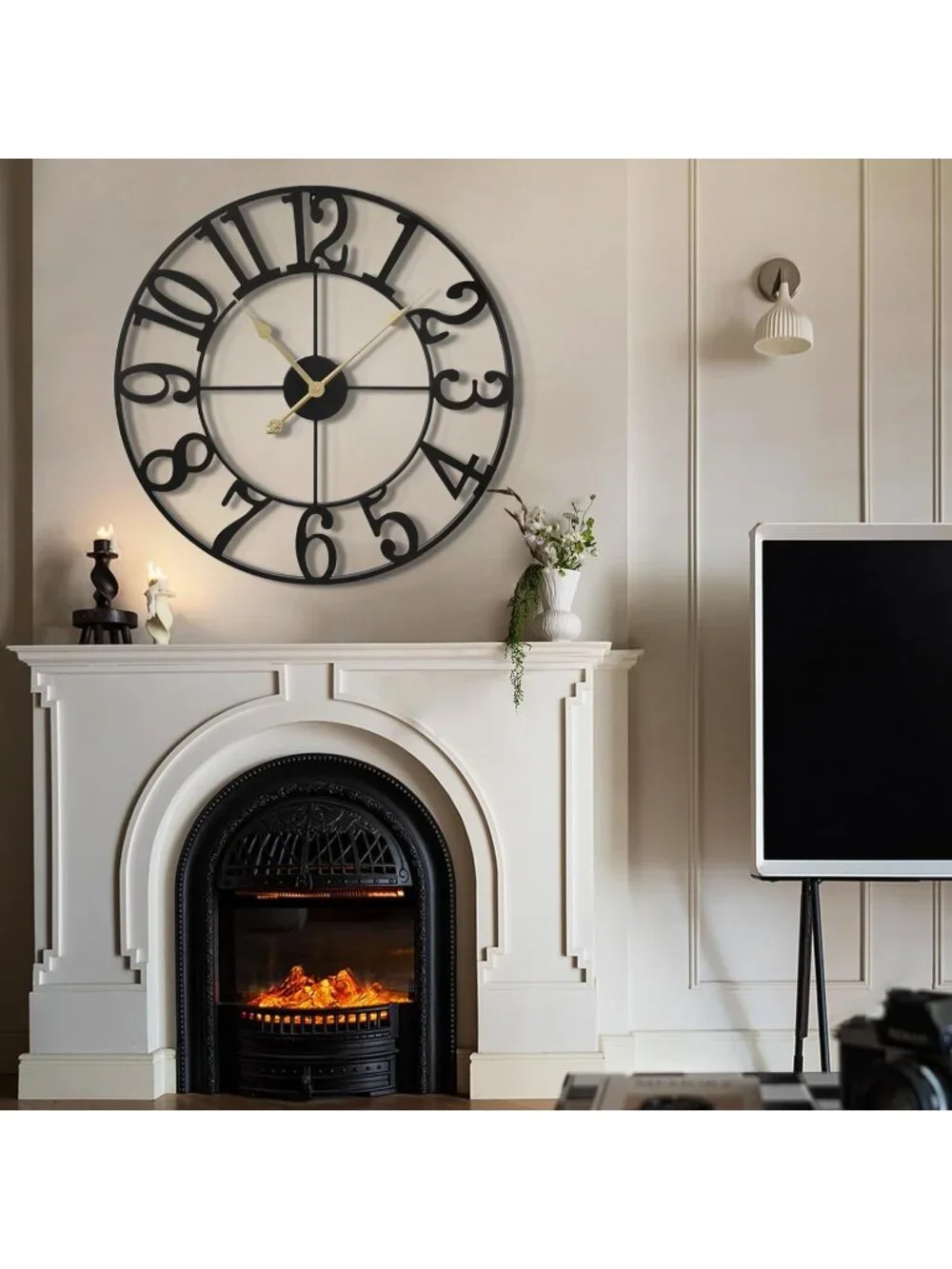 New 16in Large Silent Non-Ticking Black Metal Wall Clock Retro Farmhouse Decor